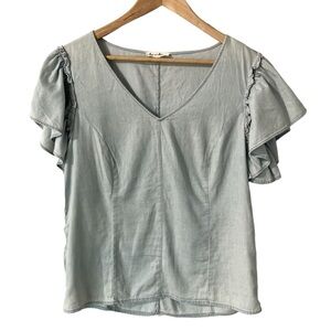 Jane & Delancey Chambray Top Womens L Light Blue Flutter Sleeve V-Neck Fitted